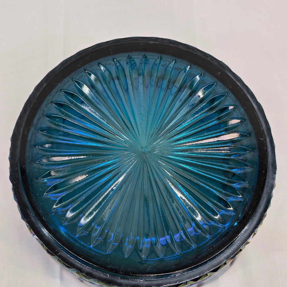 Vintage Iridescent Blue Carnival Glass Trinket Dish Lidded Candy Jar Oil Slick - Picture 7 of 9